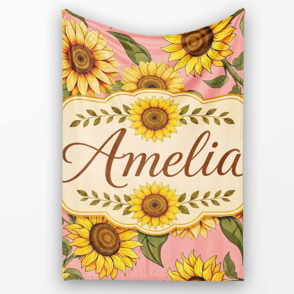 Bright Yellow Sunflower Floral Seamless Pattern Warm Coral Personalised Custom Name Super Soft Fleece Blanket Bed Sofa Throw