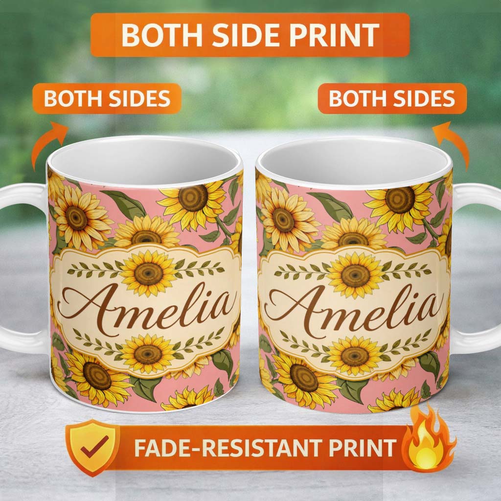 Personalized Custom Name Bright Yellow Sunflower Floral Seamless Pattern Warm Coral 11oz Ceramic Coffee Tea Mug White Large Handle