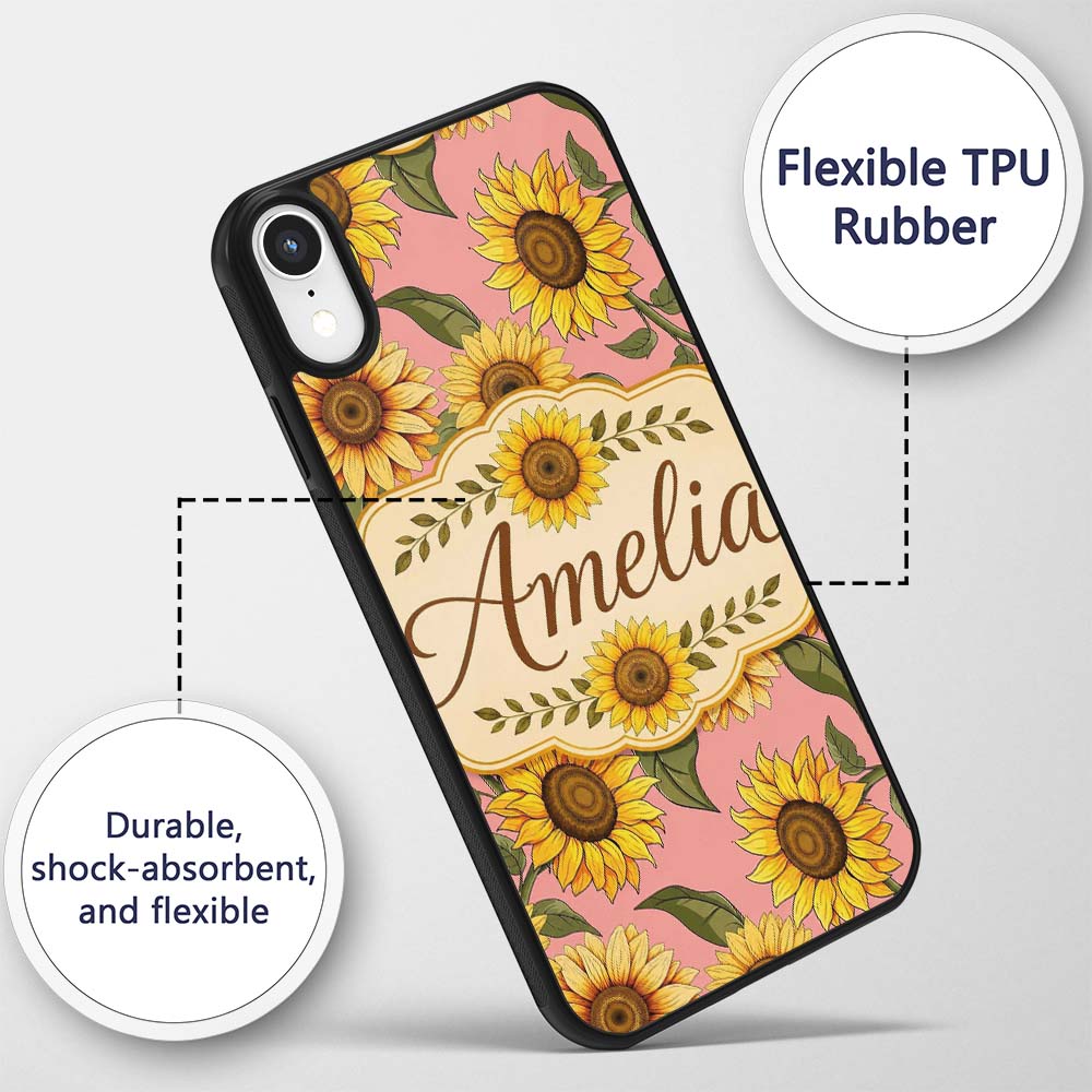 Bright Yellow Sunflower Floral Seamless Pattern Custom Name Protective Phone Case Mobile Cover Durable Everyday Smartphone Shock Resistant