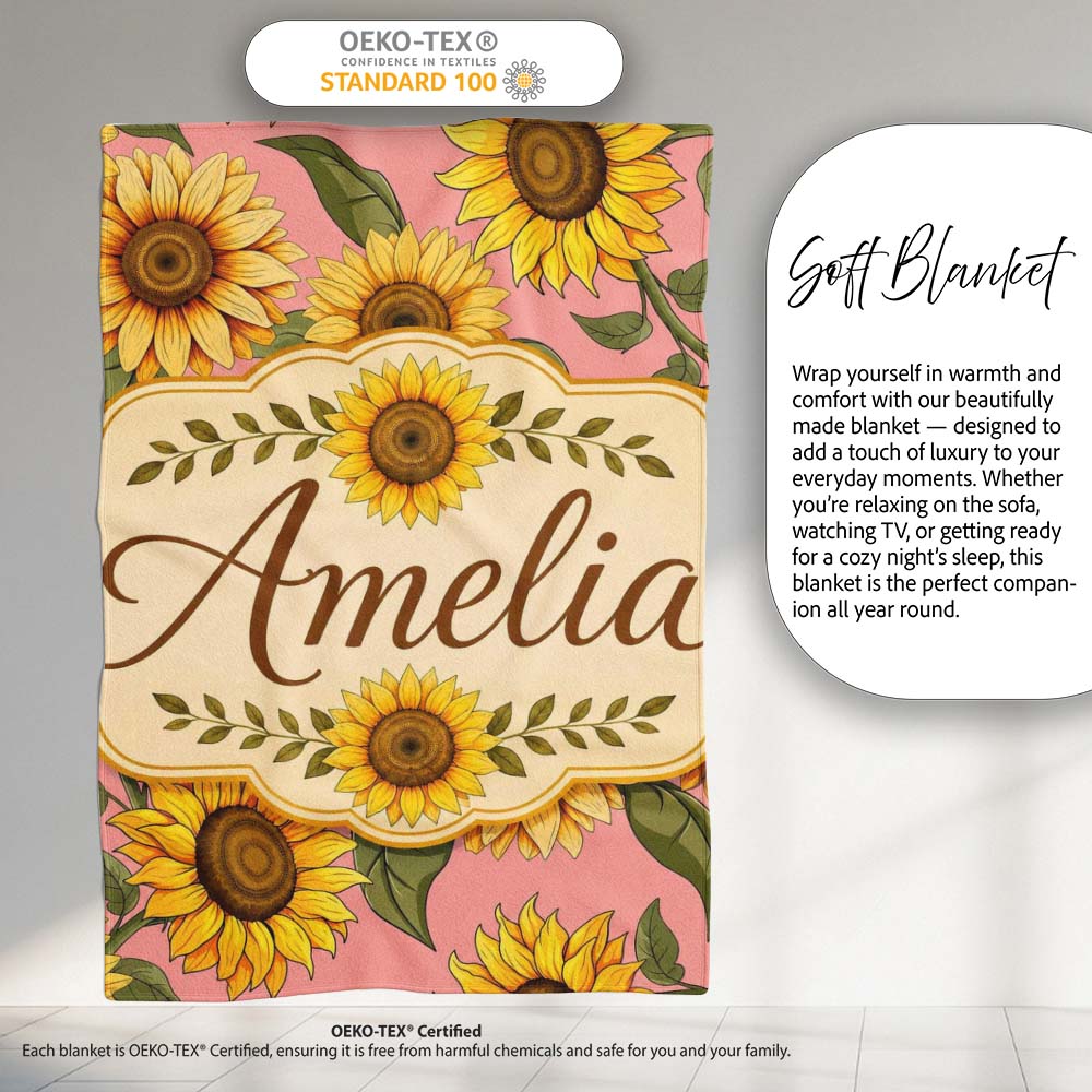 Bright Yellow Sunflower Floral Seamless Pattern Warm Coral Personalised Custom Name Super Soft Fleece Blanket Bed Sofa Throw