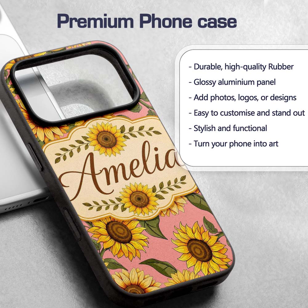 Bright Yellow Sunflower Floral Seamless Pattern Custom Name Protective Phone Case Mobile Cover Durable Everyday Smartphone Shock Resistant