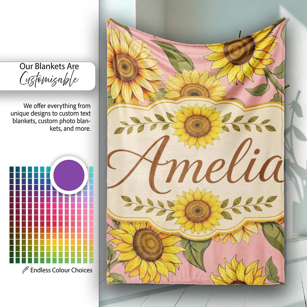 Bright Yellow Sunflower Floral Seamless Pattern Warm Coral Personalised Custom Name Super Soft Fleece Blanket Bed Sofa Throw
