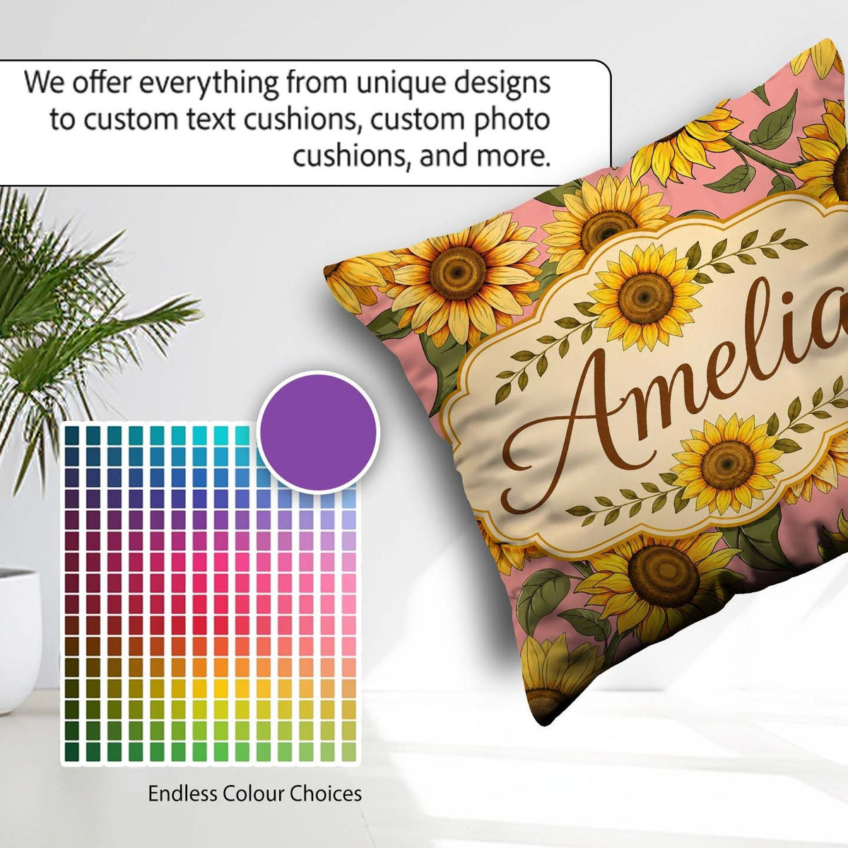 Custom Name Bright Yellow Sunflower Floral Seamless Pattern Warm Square Filled Cushion Throw Pillow Sofa Bed Home Decor Zip Washable UK Made