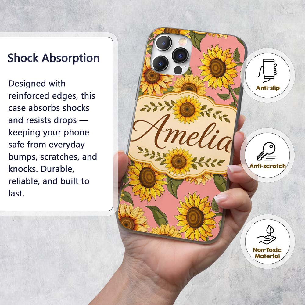 Bright Yellow Sunflower Floral Seamless Pattern Custom Name Protective Phone Case Mobile Cover Durable Everyday Smartphone Shock Resistant