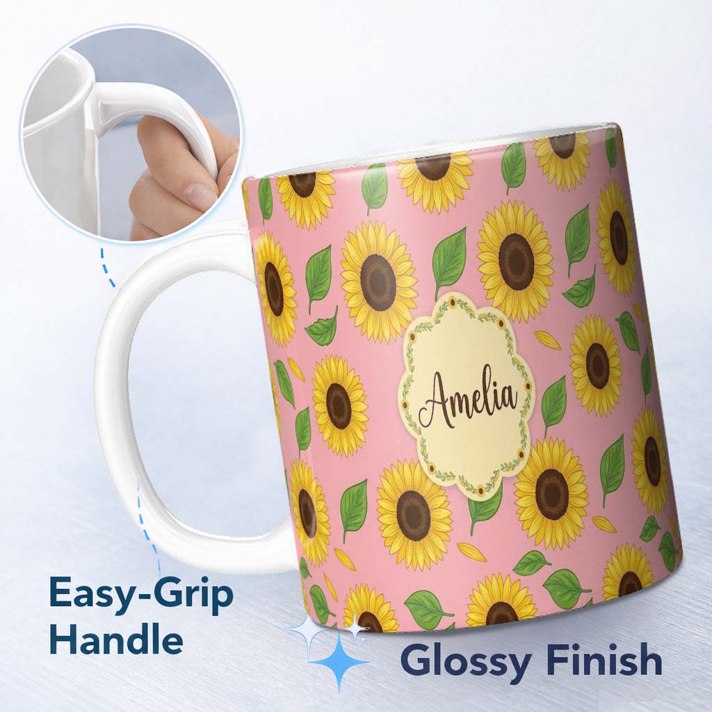 Personalized Custom Name Bright Yellow Sunflower Floral Seamless Pattern Soft Pink 11oz Ceramic Coffee Tea Mug White Large Handle