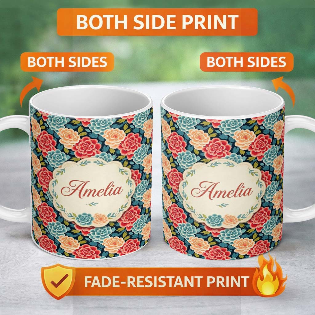 Personalized Custom Name Multicolor Floral Bloom Pattern Seamless Pattern Cute Unique Gift 11oz Ceramic Coffee Tea Mug White Large Handle