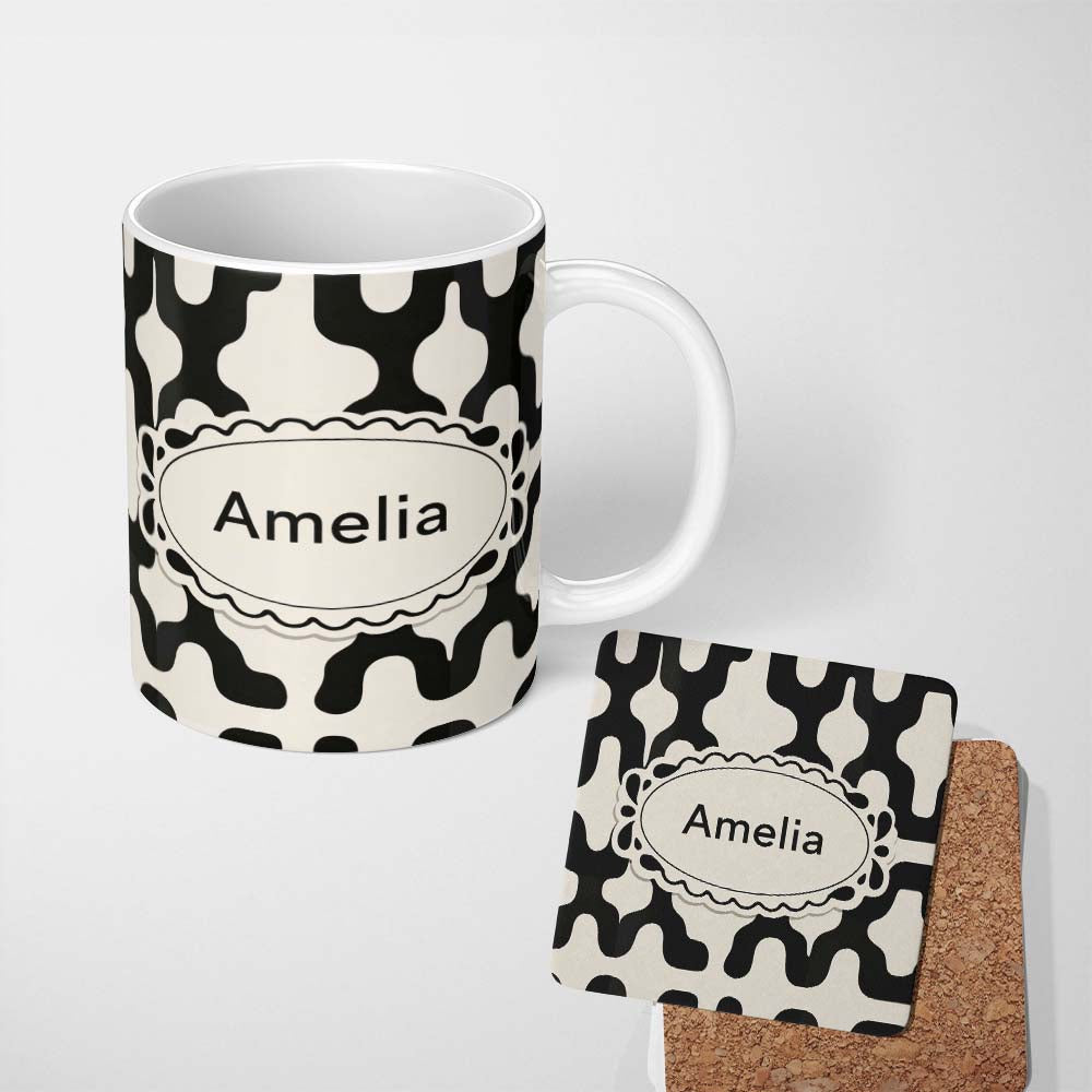 Personalized Custom Name Retro Blob Shapes Black Cream Mid Century Abstract Pattern Lovely 11oz Ceramic Coffee Tea Mug White Large Handle