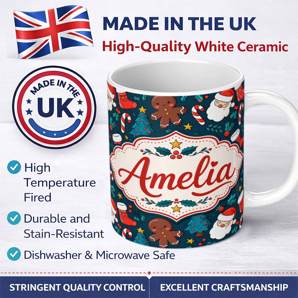 Personalized Custom Name Cute Gingerbread Santa Tree Candy Cane Seamless Pattern Design Kids 11oz Ceramic Coffee Tea Mug White Large Handle