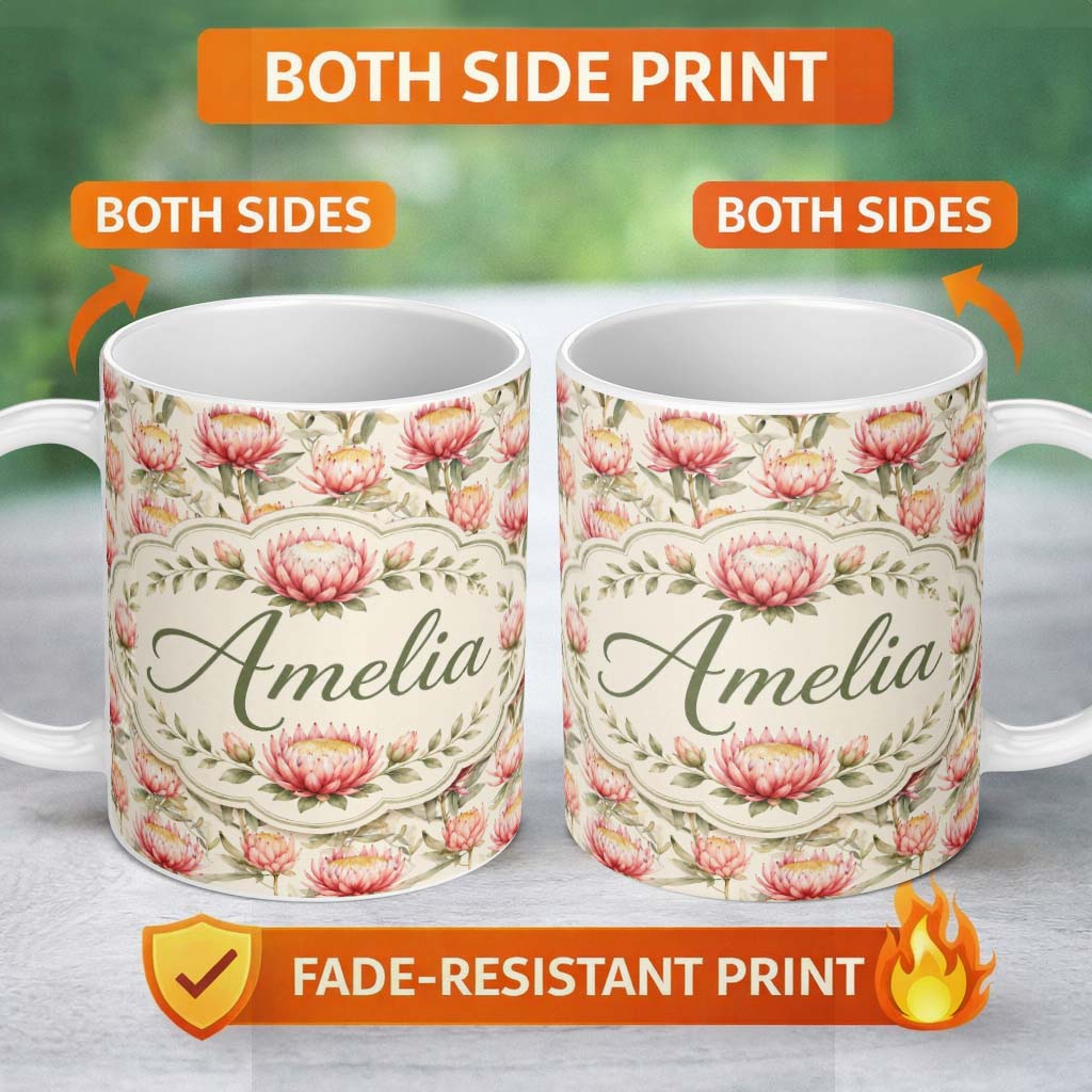 Personalized Custom Name Light Pink Protea Flowers Botanical Seamless Pattern Lovely 11oz Ceramic Coffee Tea Mug White Large Handle