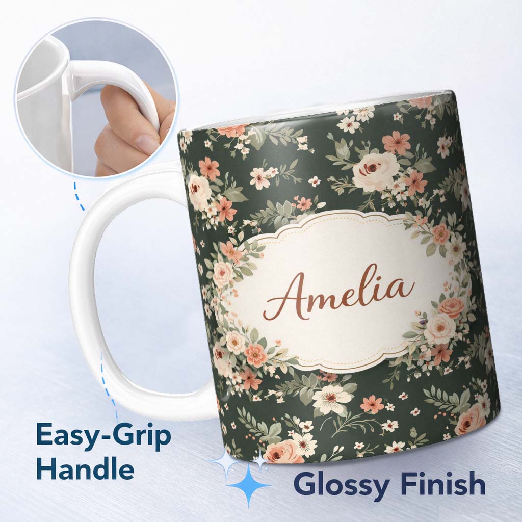 Personalized Custom Name Dark Green Floral Vintage Rose Pattern Elegant Seamless Design 11oz Ceramic Coffee Tea Mug White Large Handle