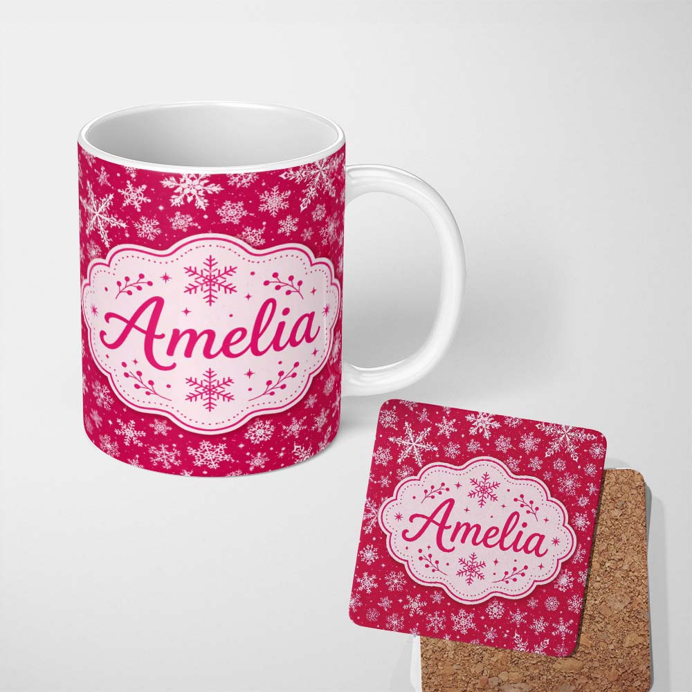Personalized Custom Name Elegant White Snowflake Red Background Winter Seamless Pattern 11oz Ceramic Coffee Tea Mug White Large Handle