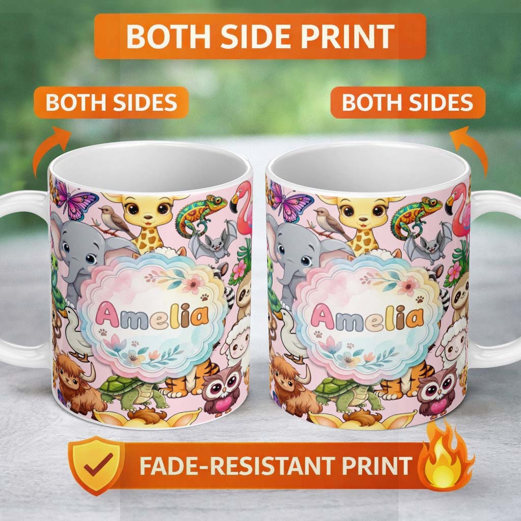 Personalized Custom Name Cute Cartoon Jungle Safari Animals Seamless Pattern on Pink Lovely 11oz Ceramic Coffee Tea Mug White Large Handle