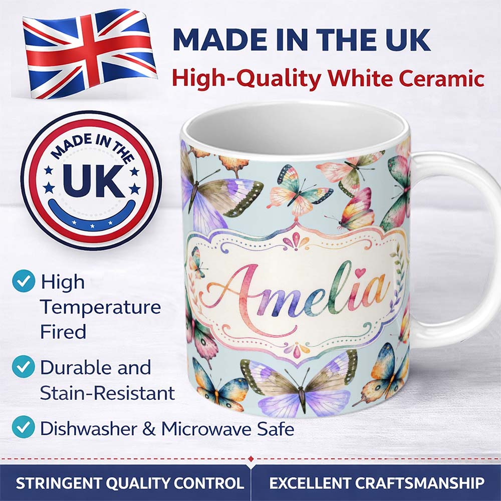Personalized Custom Name Colorful Watercolor Butterflies on Sky Blue Background Seamless 11oz Ceramic Coffee Tea Mug White Large Handle