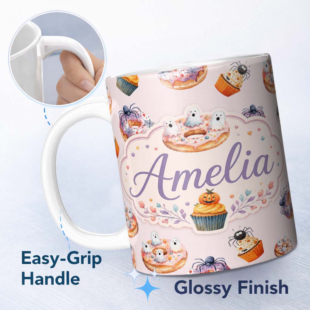 Personalized Custom Name Halloween Donuts Cupcakes and Spiders Seamless Pattern on Pink 11oz Ceramic Coffee Tea Mug White Large Handle