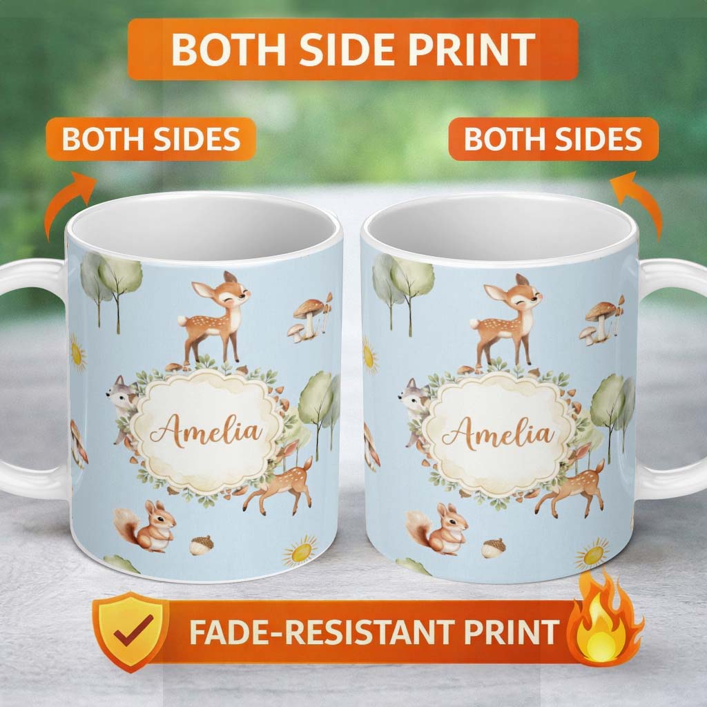 Personalized Custom Name Woodland Deer Fox Squirrel Trees Mushrooms Sun Soft Blue Seamless 11oz Ceramic Coffee Tea Mug White Large Handle
