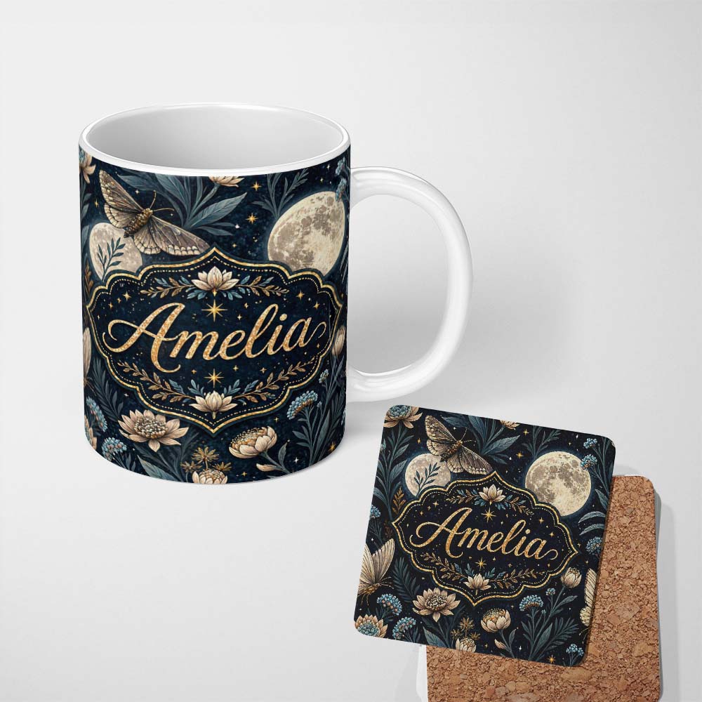 Personalized Custom Name Celestial Moth Full Moon Floral Night Seamless Pattern Lovely 11oz Ceramic Coffee Tea Mug White Large Handle