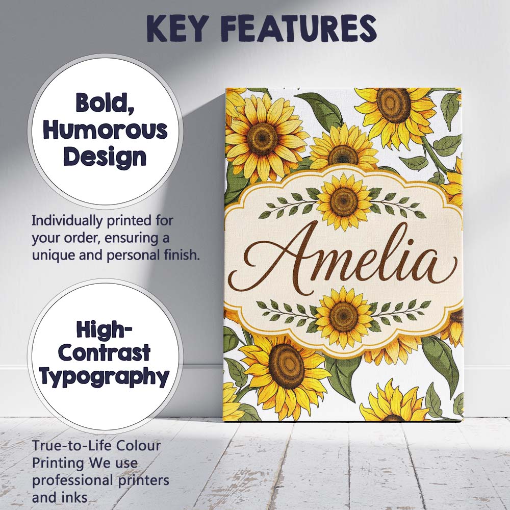 Personalised Name Bright Yellow Sunflower Custom Unique Gift Idea Elegant Feature Canvas Wall Art Print Decor Picture Ready to Hang