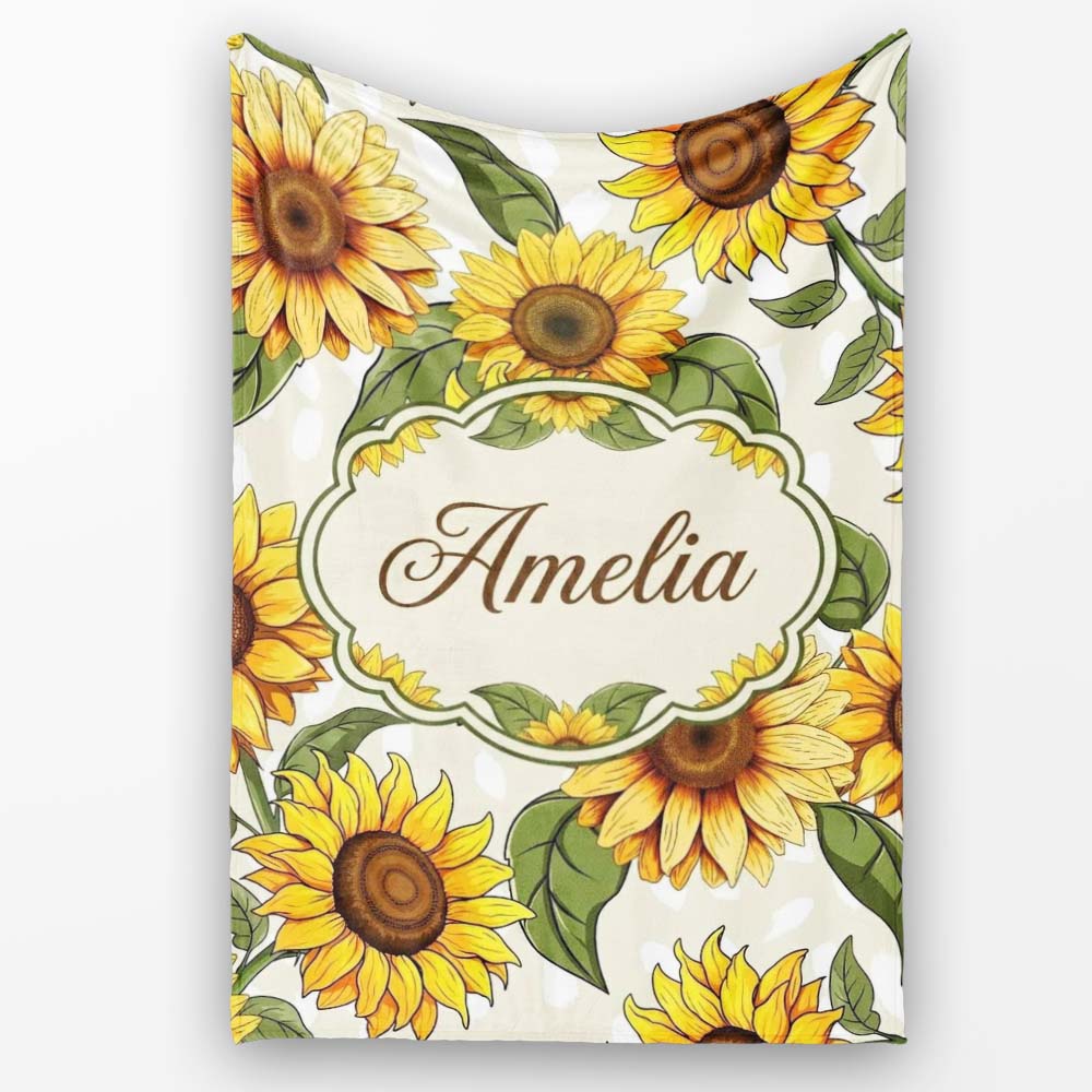 Bright Yellow Sunflower Floral Seamless Pattern Neutral Beige Personalised Custom Name Super Soft Fleece Blanket Bed Sofa Throw