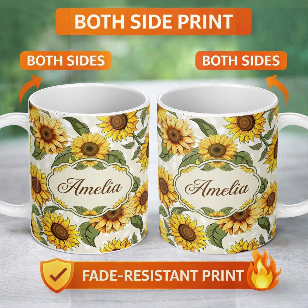 Personalized Custom Name Bright Yellow Sunflower Floral Seamless Pattern Neutral Beige 11oz Ceramic Coffee Tea Mug White Large Handle