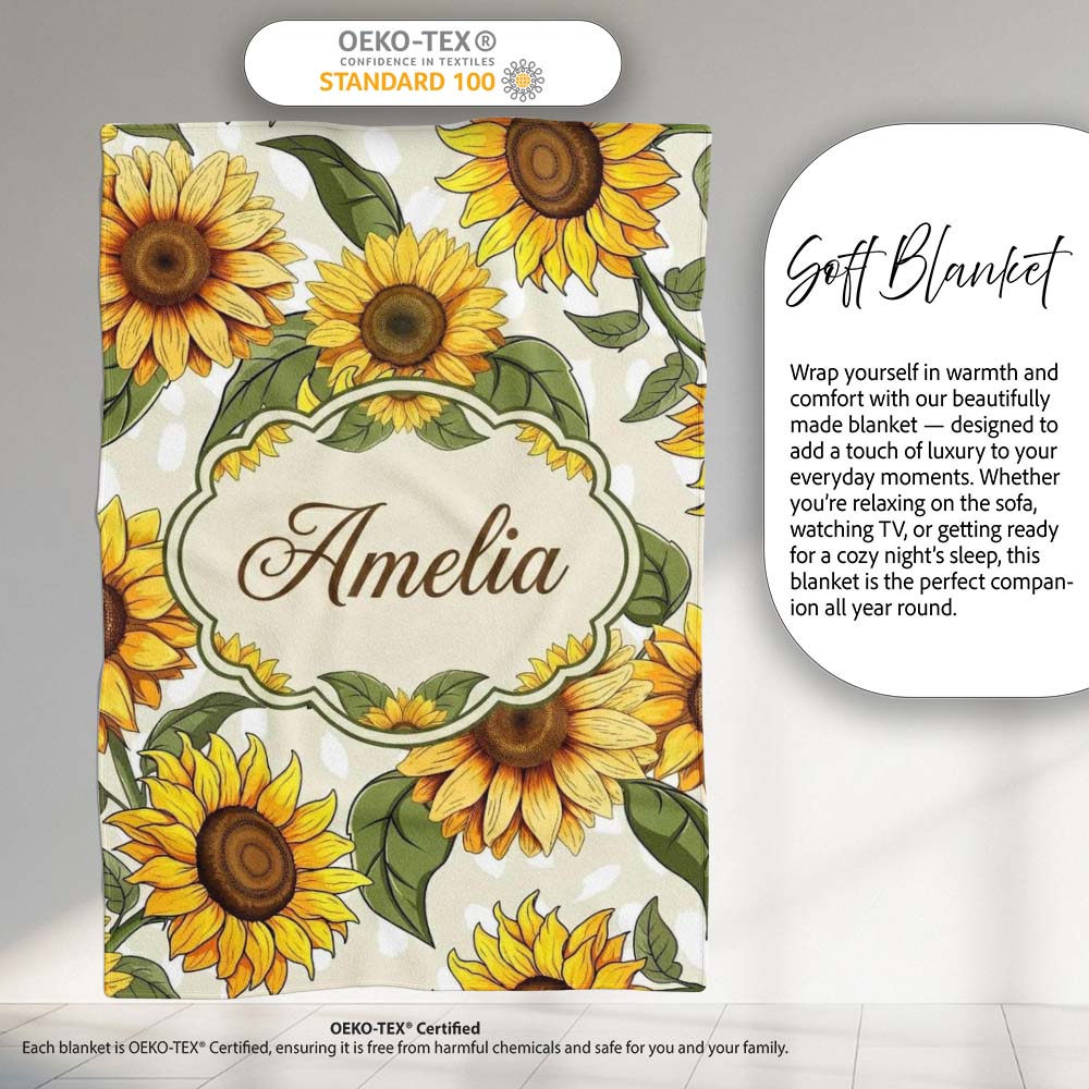 Bright Yellow Sunflower Floral Seamless Pattern Neutral Beige Personalised Custom Name Super Soft Fleece Blanket Bed Sofa Throw