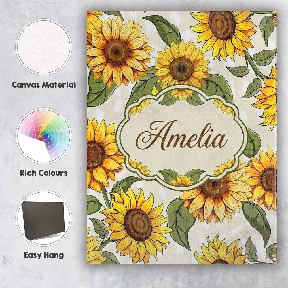 Personalised Name Bright Yellow Sunflower Custom Unique Gift Idea Elegant Feature Canvas Wall Art Print Decor Picture Ready to Hang