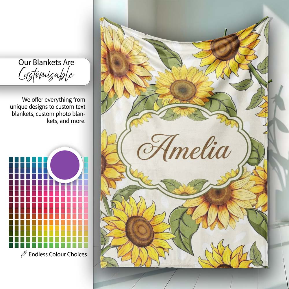 Bright Yellow Sunflower Floral Seamless Pattern Neutral Beige Personalised Custom Name Super Soft Fleece Blanket Bed Sofa Throw
