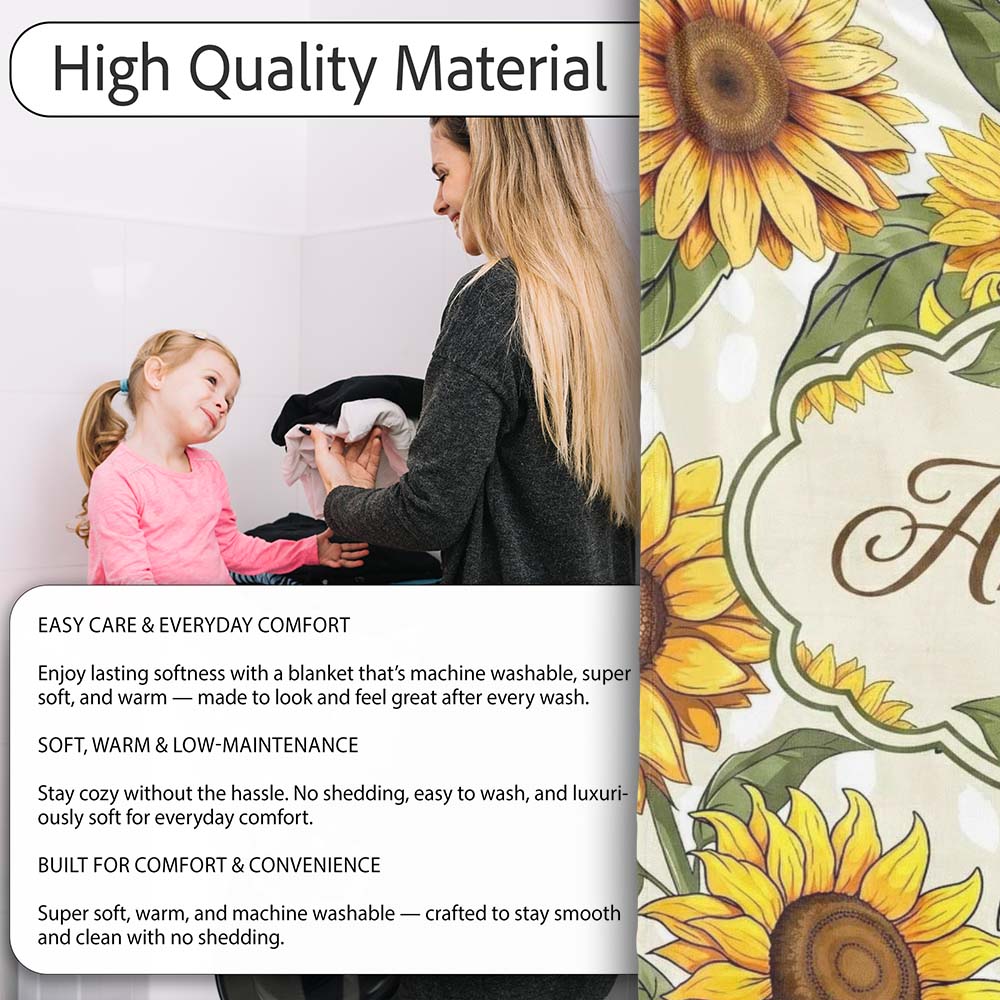 Bright Yellow Sunflower Floral Seamless Pattern Neutral Beige Personalised Custom Name Super Soft Fleece Blanket Bed Sofa Throw