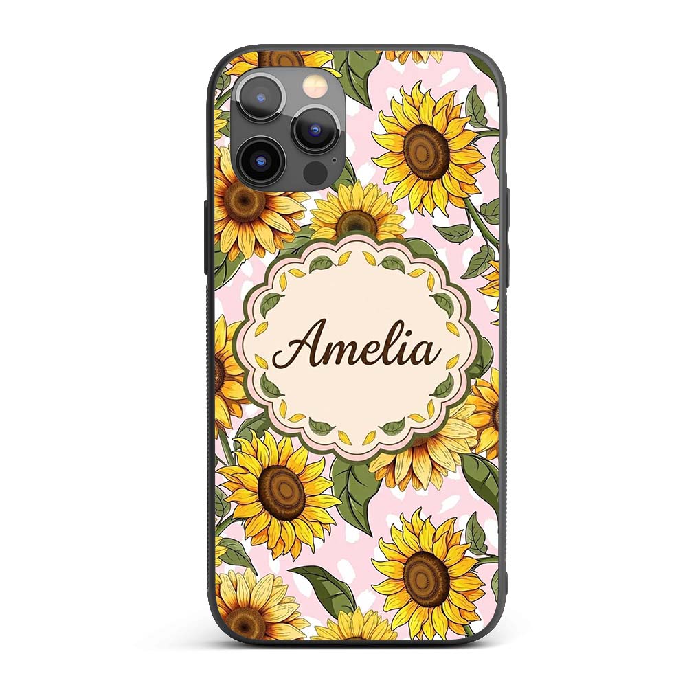 Bright Yellow Sunflower Floral Seamless Pattern Custom Name Protective Phone Case Mobile Cover Durable Everyday Smartphone Shock Resistant