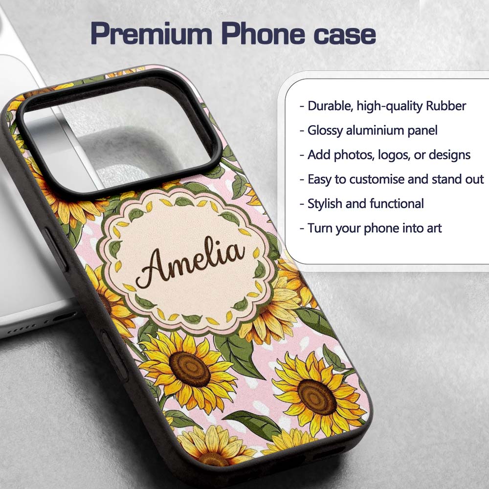 Bright Yellow Sunflower Floral Seamless Pattern Custom Name Protective Phone Case Mobile Cover Durable Everyday Smartphone Shock Resistant