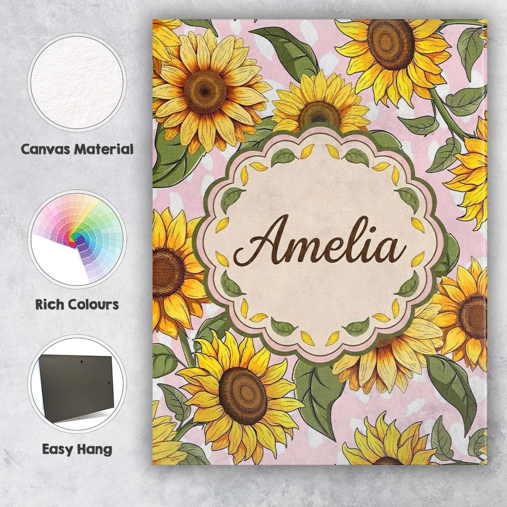 Personalised Name Bright Yellow Sunflower Custom Unique Gift Idea Elegant Feature Canvas Wall Art Print Decor Picture Ready to Hang