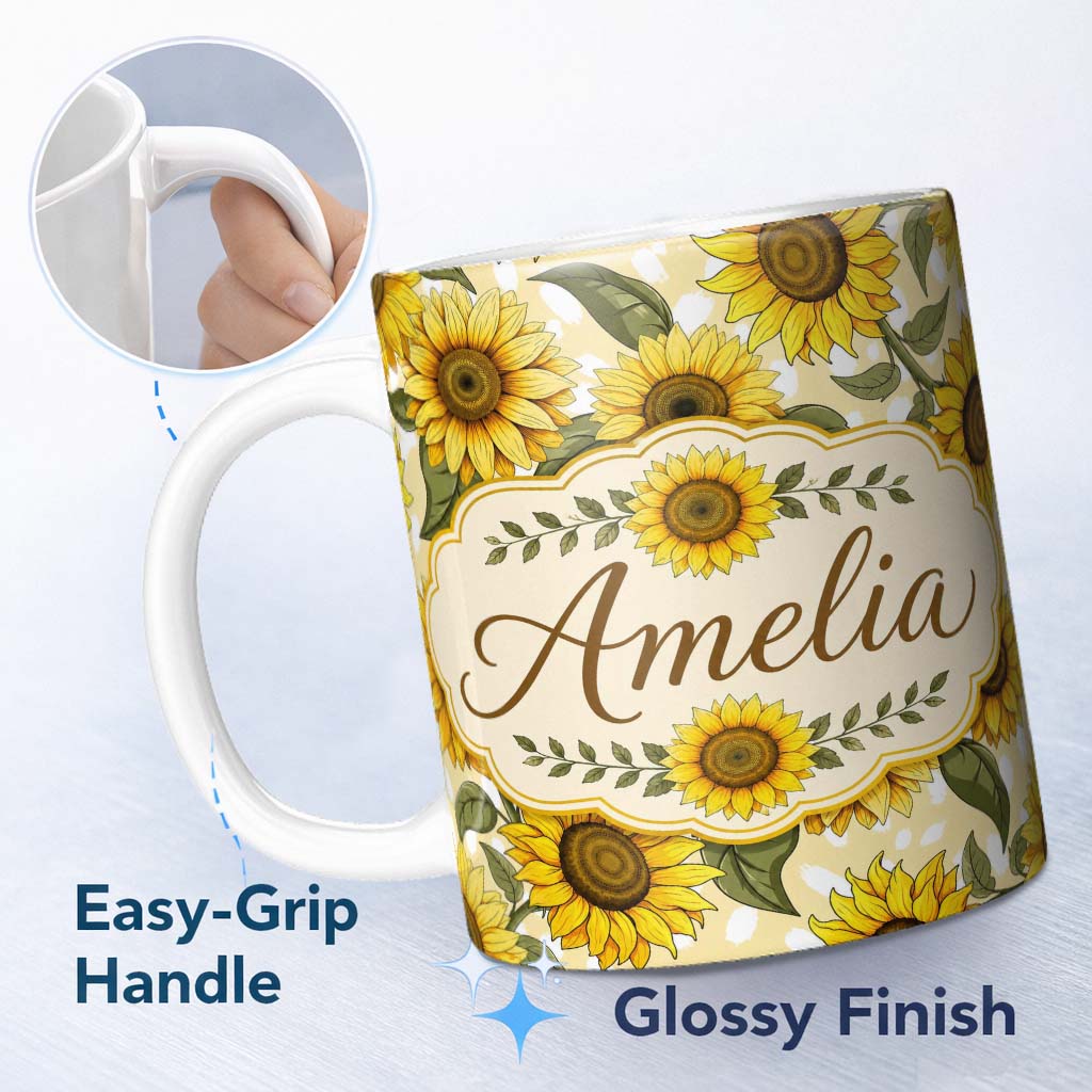 Personalized Custom Name Bright Yellow Sunflower Floral Seamless Pattern Pink Dot Background 11oz Ceramic Coffee Tea Mug White Large Handle