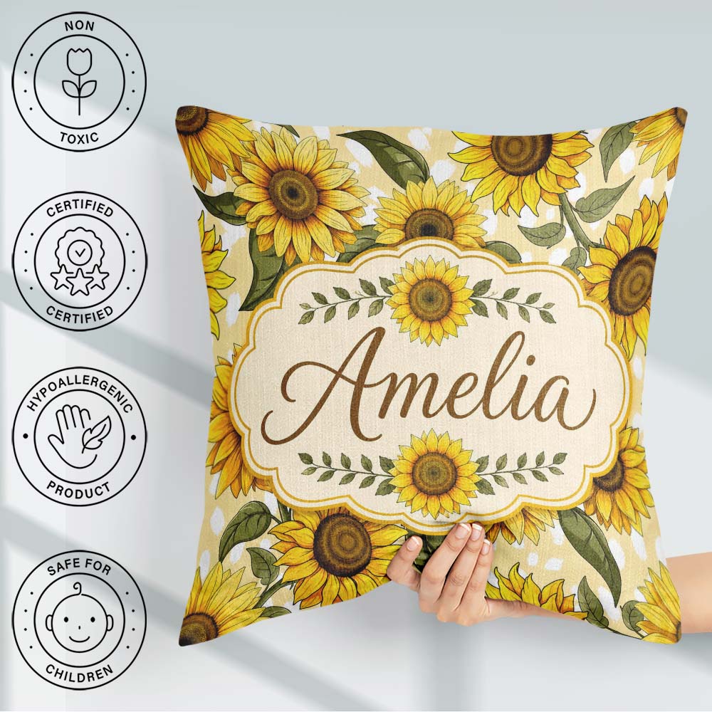 Custom Name Bright Yellow Sunflower Floral Seamless Pattern Pink Square Filled Cushion Throw Pillow Sofa Bed Home Decor Zip Washable UK Made
