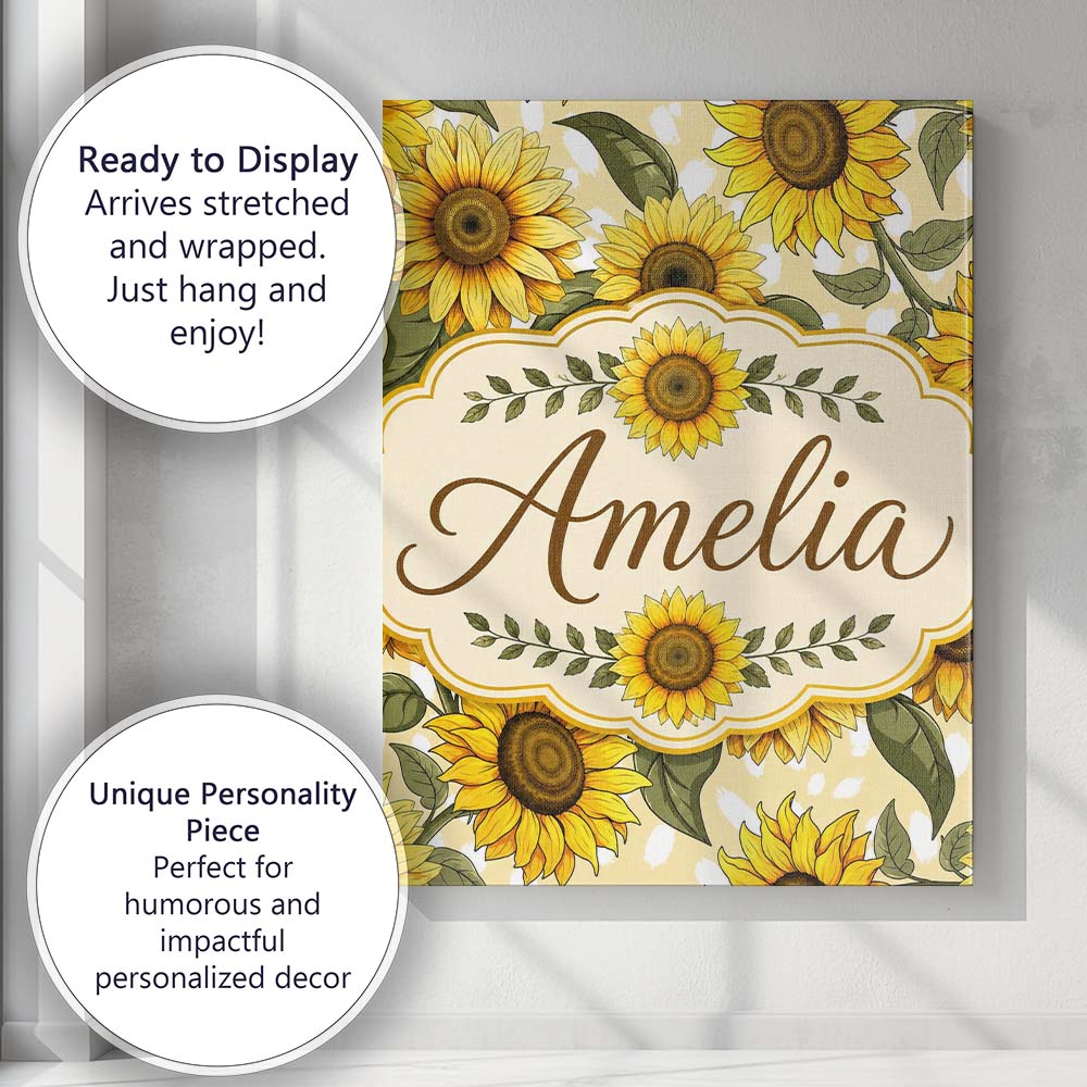 Personalised Name Bright Yellow Sunflower Custom Unique Gift Idea Elegant Feature Canvas Wall Art Print Decor Picture Ready to Hang