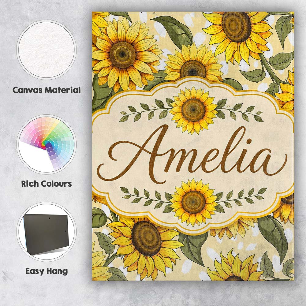 Personalised Name Bright Yellow Sunflower Custom Unique Gift Idea Elegant Feature Canvas Wall Art Print Decor Picture Ready to Hang