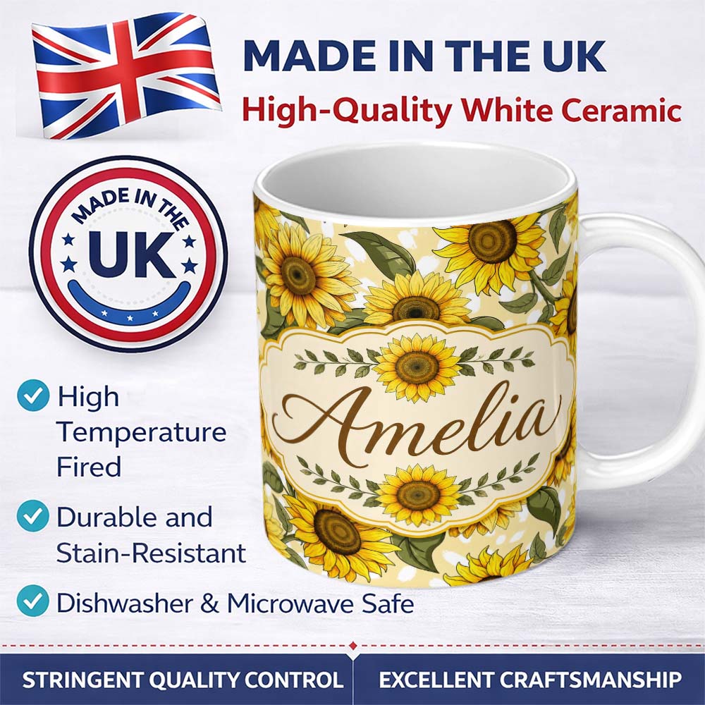 Personalized Custom Name Bright Yellow Sunflower Floral Seamless Pattern Pink Dot Background 11oz Ceramic Coffee Tea Mug White Large Handle