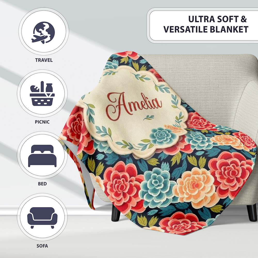Multicolor Floral Bloom Pattern Seamless Pattern Cute Unique Gift Personalised Custom Name Super Soft Fleece Blanket Bed Sofa Throw