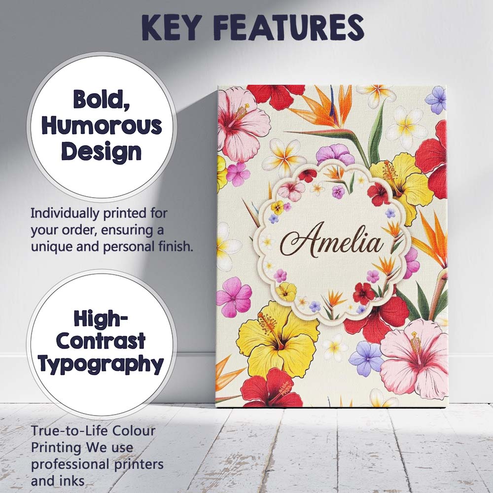 Personalised Name Tropical Hibiscus and Custom Modern Room Accent Elegant Feature Canvas Wall Art Print Decor Picture Ready to Hang