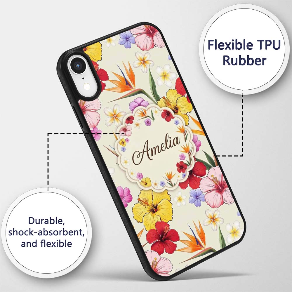 Tropical Hibiscus and Bird of Paradise Floral Custom Name Protective Phone Case Mobile Cover Durable Everyday Smartphone Shock Resistant