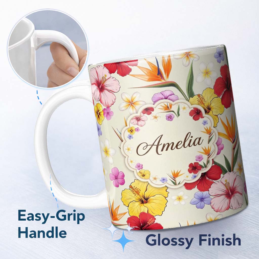 Personalized Custom Name Tropical Hibiscus and Bird of Paradise Floral Seamless Pattern 11oz Ceramic Coffee Tea Mug White Large Handle