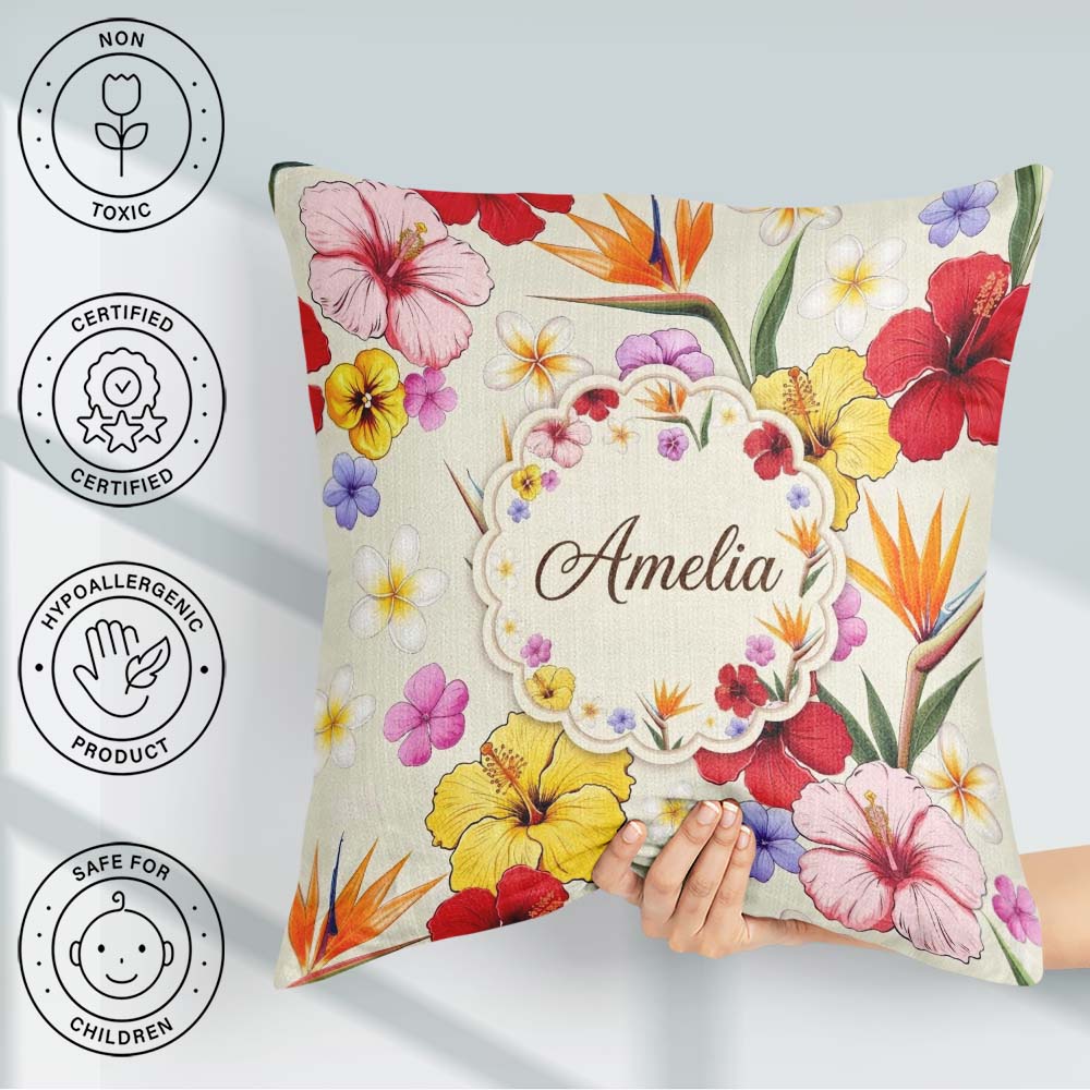 Custom Name Tropical Hibiscus and Bird Paradise Seamless Pattern Square Filled Cushion Throw Pillow Sofa Bed Home Decor Zip Washable UK Made