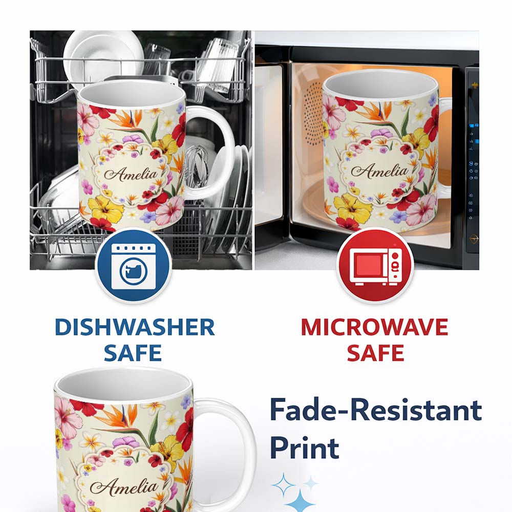 Personalized Custom Name Tropical Hibiscus and Bird of Paradise Floral Seamless Pattern 11oz Ceramic Coffee Tea Mug White Large Handle