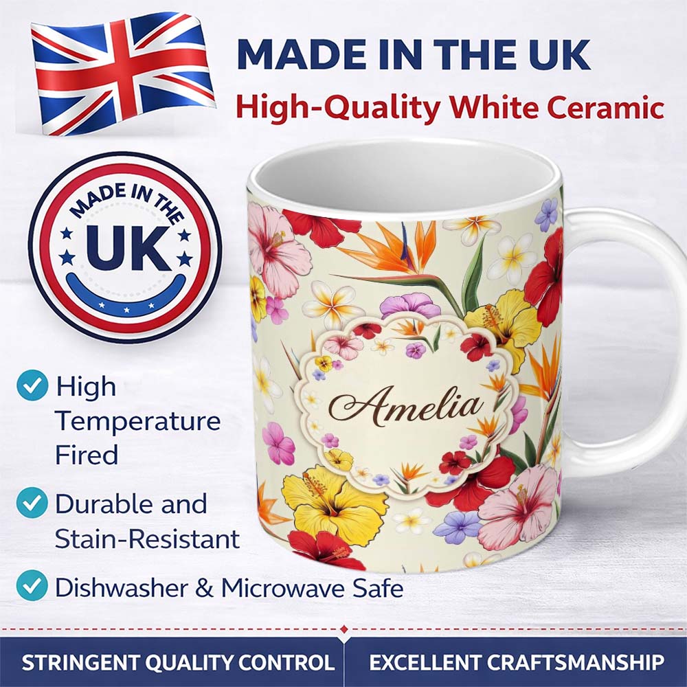 Personalized Custom Name Tropical Hibiscus and Bird of Paradise Floral Seamless Pattern 11oz Ceramic Coffee Tea Mug White Large Handle