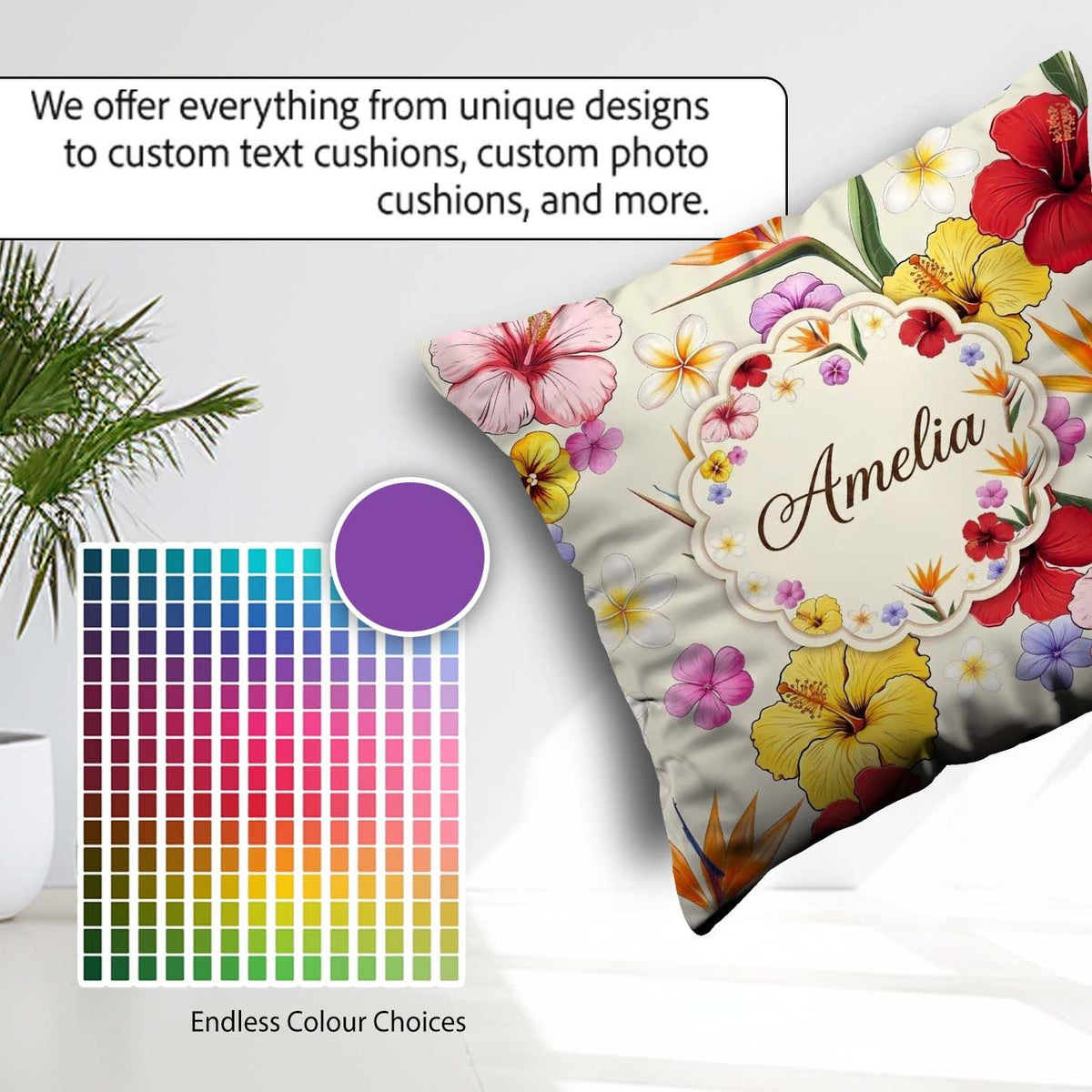 Custom Name Tropical Hibiscus and Bird Paradise Seamless Pattern Square Filled Cushion Throw Pillow Sofa Bed Home Decor Zip Washable UK Made