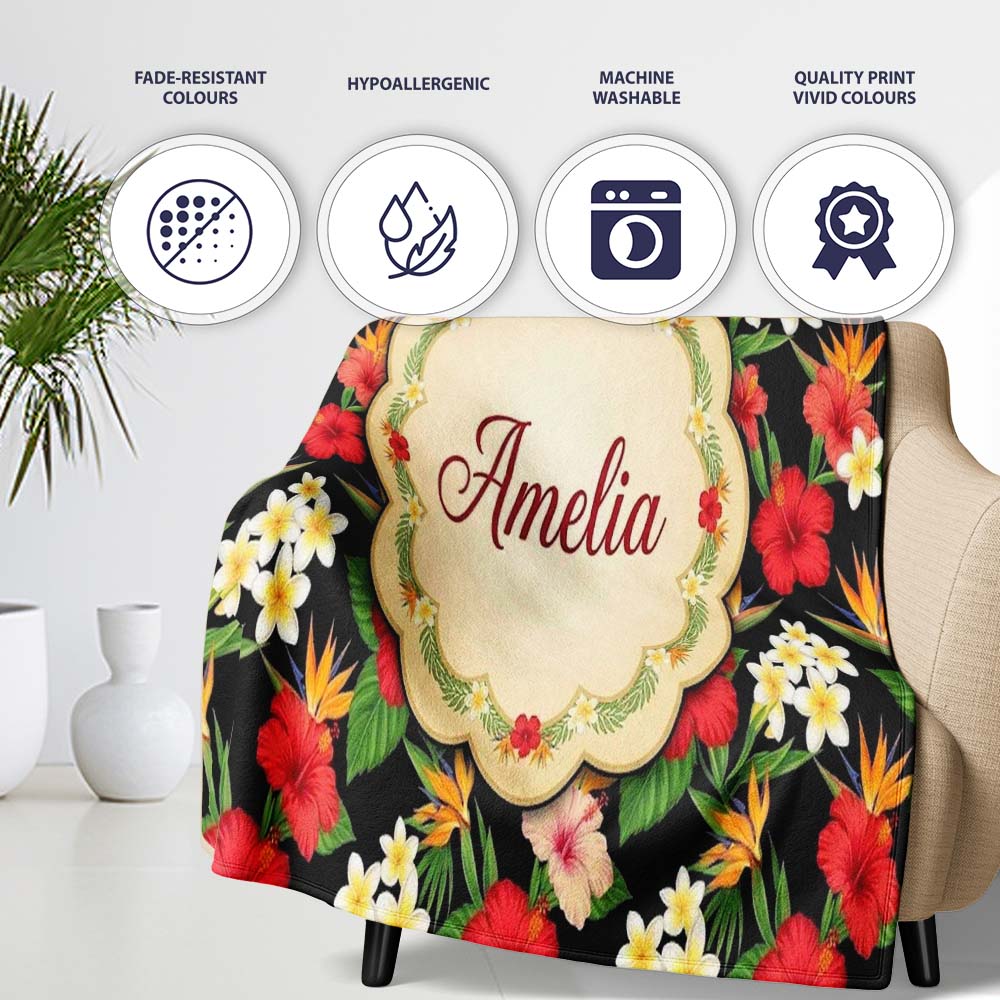 Tropical Hibiscus Bird of Paradise Floral Seamless Pattern Black Personalised Custom Name Super Soft Fleece Blanket Bed Sofa Throw