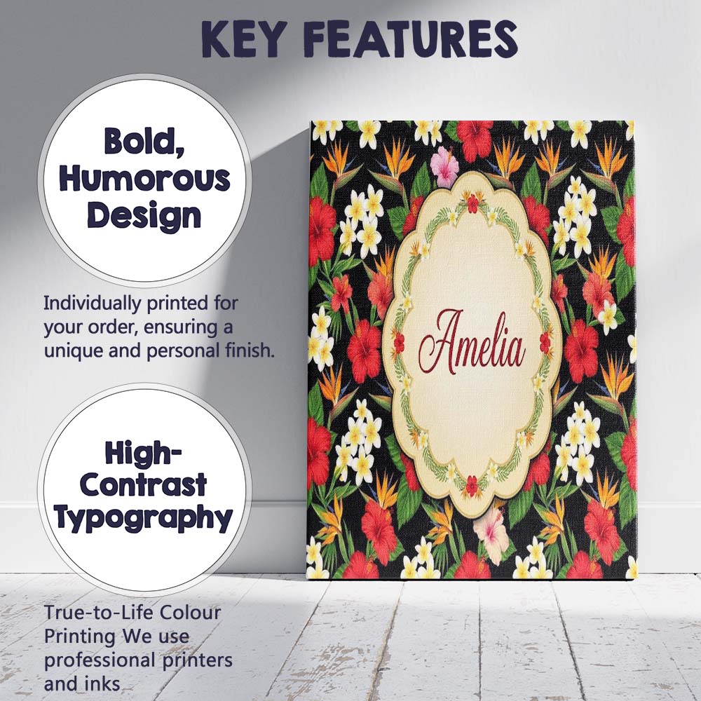 Personalised Name Tropical Hibiscus Bird of Custom Bespoke Interior Contemporary Canvas Wall Art Print Decor Picture Ready to Hang