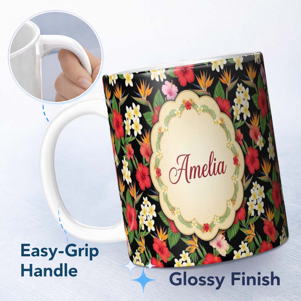 Personalized Custom Name Tropical Hibiscus Bird of Paradise Floral Seamless Pattern Black 11oz Ceramic Coffee Tea Mug White Large Handle