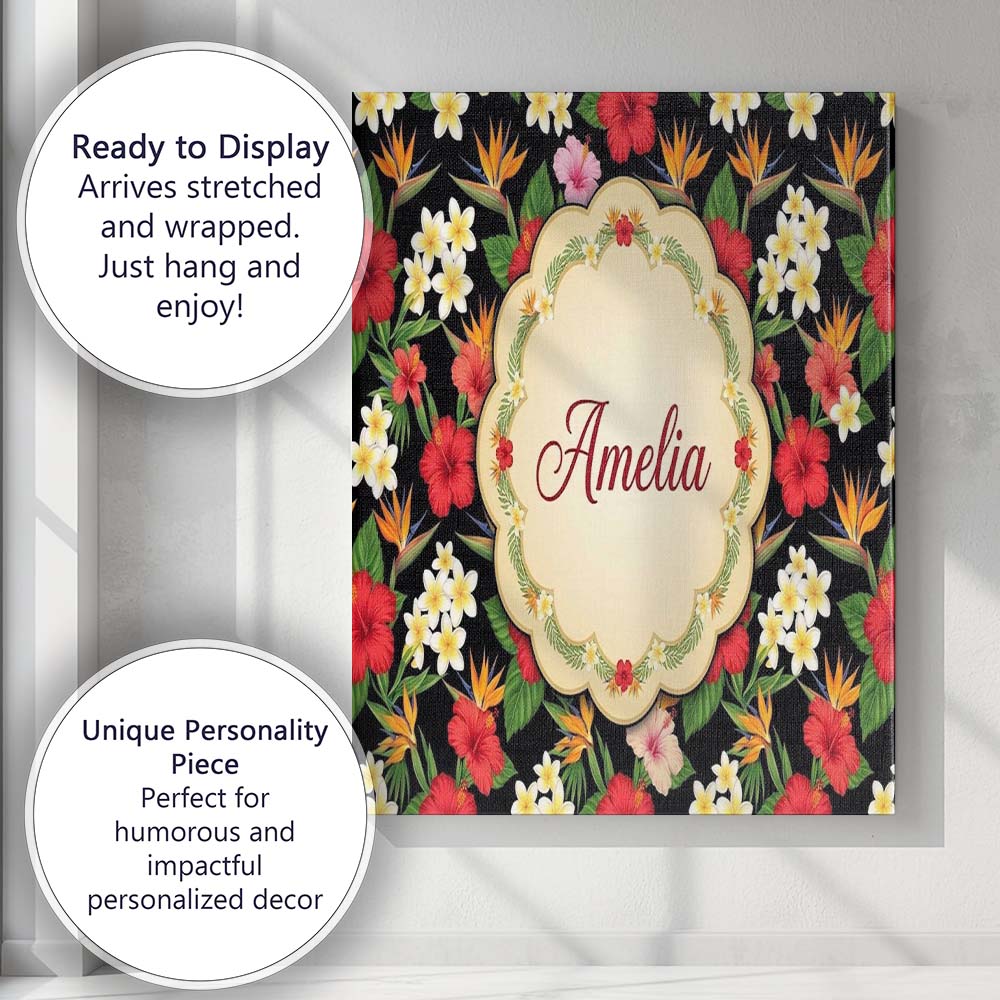 Personalised Name Tropical Hibiscus Bird of Custom Bespoke Interior Contemporary Canvas Wall Art Print Decor Picture Ready to Hang