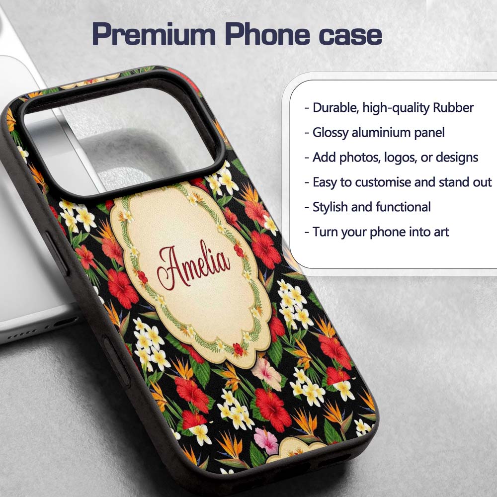 Tropical Hibiscus Bird of Paradise Printed Design Custom Name Protective Phone Case Mobile Cover Durable Everyday Smartphone Shock Resistant