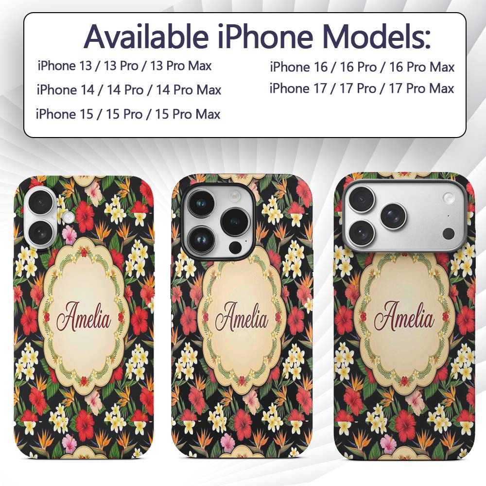 Tropical Hibiscus Bird of Paradise Printed Design Custom Name Protective Phone Case Mobile Cover Durable Everyday Smartphone Shock Resistant