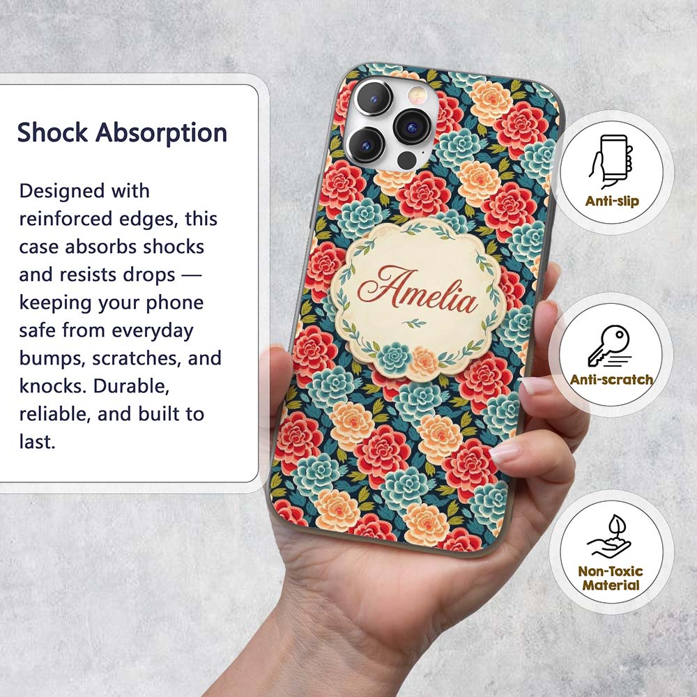 Multicolor Floral Bloom Pattern Seamless Pattern Custom Name Protective Phone Case Mobile Cover Durable Everyday Smartphone Shock Resistant